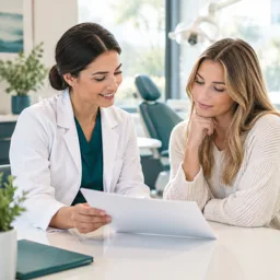 Dentista revisando un plan de tratamiento con un paciente en una mesa clara