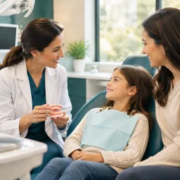 Dentista hablando con un niño y su madre durante una consulta tranquila