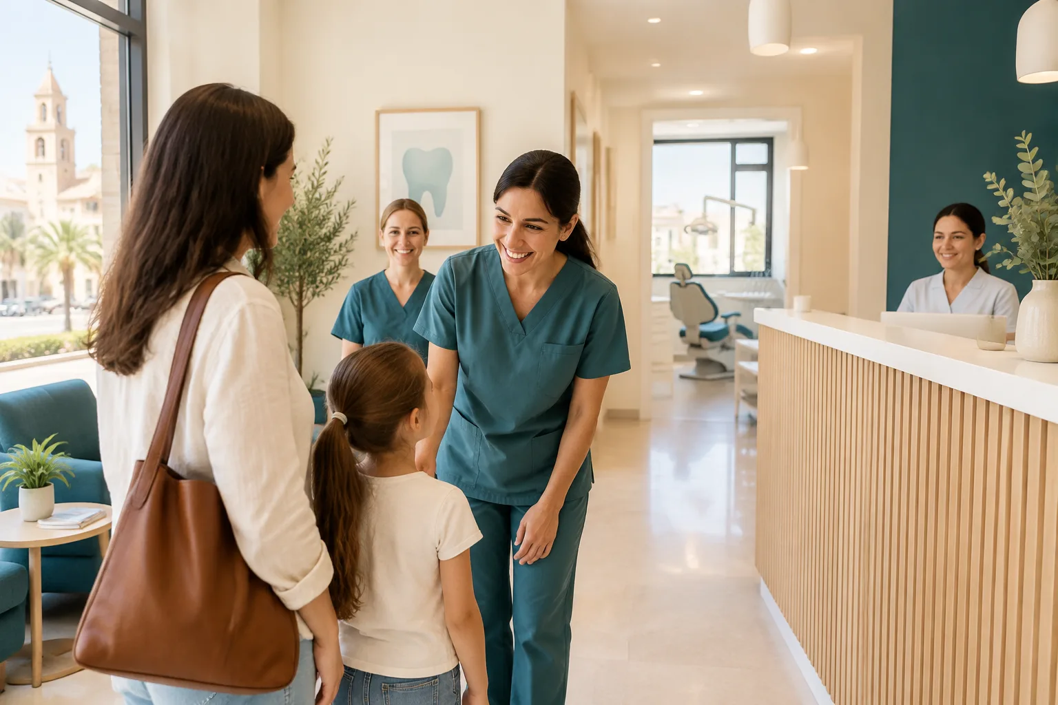 Equipo de Clínica Dental Marín recibiendo a una familia en una consulta luminosa