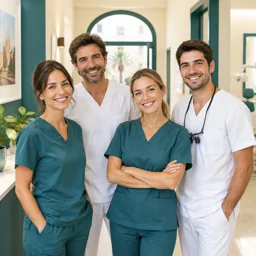 Pequeño equipo dental en un pasillo luminoso de la clínica