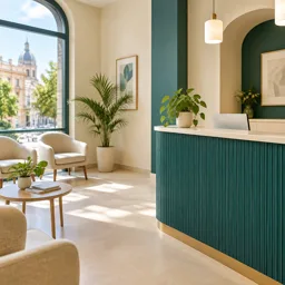 Recepción luminosa y acogedora de una clínica dental en Valencia
