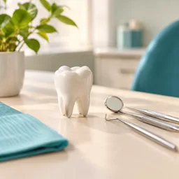 Detalle de una mesa de consulta dental con modelo e instrumental sencillo