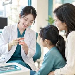 Dentista explicando un modelo de ortodoncia infantil a una familia